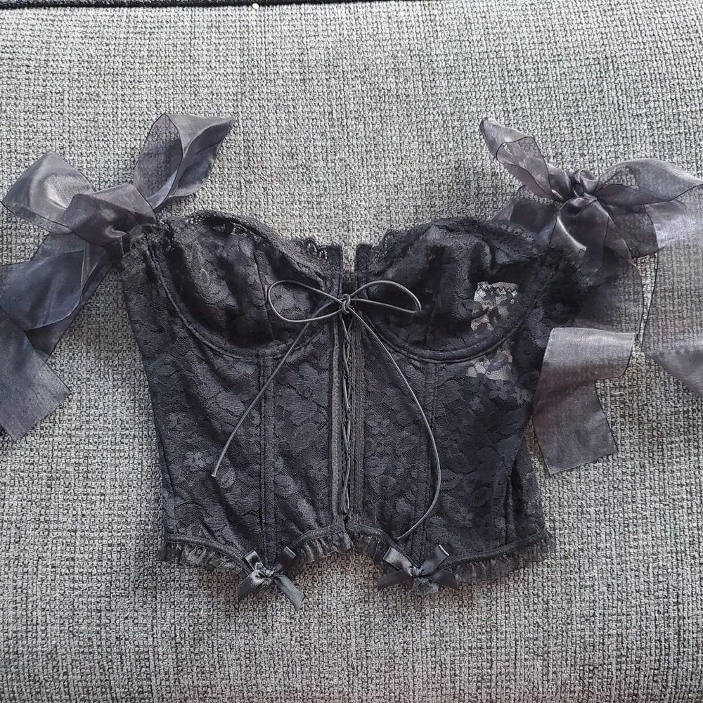Chic Black Lace Crop Top with Bow Accents